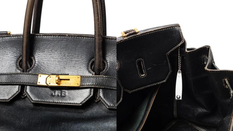 Jane Birkin原型柏金包上的生活痕跡，如姓名縮寫「J.B」印記