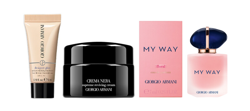 圖片來源:Armani Beauty|【設計師水燦光影粉底5ml】(左)、【黑曜岩新生奇蹟乳霜5ml】(中)、【MY WAY淡香精-晨露清新版7ml】(右) 圖片來源:Armani Beauty|【設計師水燦光影粉底5ml】(左)、【黑曜岩新生奇蹟乳霜5ml】(中)、【MY WAY淡香精-晨露清新版7ml】(右)