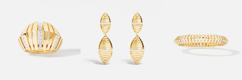 左: Rayon de Soleil戒指項圈NT5,400,中: 個性Rayon de Soleil耳環NT9,300 ,右:Rayon de Soleil手鍊 NT 5,200 左: Rayon de Soleil戒指項圈NT5,400,中: 個性Rayon de Soleil耳環NT9,300 ,右:Rayon de Soleil手鍊 NT 5,200