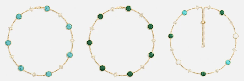 左: 湖藍色Météorites項圈NT8,600,中: 孔雀石 Météorites 項圈NT8,600,右: Météorites 可調節項鍊NT10,400 左: 湖藍色Météorites項圈NT8,600,中: 孔雀石 Météorites 項圈NT8,600,右: Météorites 可調節項鍊NT10,400