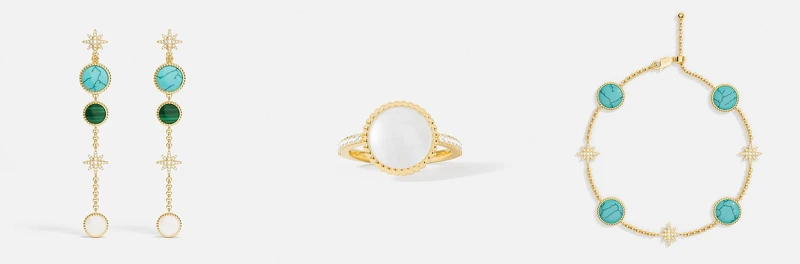 左: Météorites吊墜耳釘NT6,400,中: 白母貝Météorites戒指NT2,800,右: 湖藍色Météorites手鍊NT4,800 左: Météorites吊墜耳釘NT6,400,中: 白母貝Météorites戒指NT2,800,右: 湖藍色Météorites手鍊NT4,800