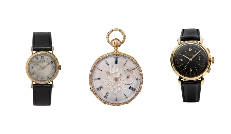 左起：1907年江詩丹頓典藏腕錶_18K黃金材質_「機刻」面盤 / 1938年江詩丹頓典藏懷錶_18K黃金材質_金雕與鑿雕_二問功能 / 1942年江詩丹頓典藏腕錶_18K黃金材質_計時碼錶功能_脈搏計