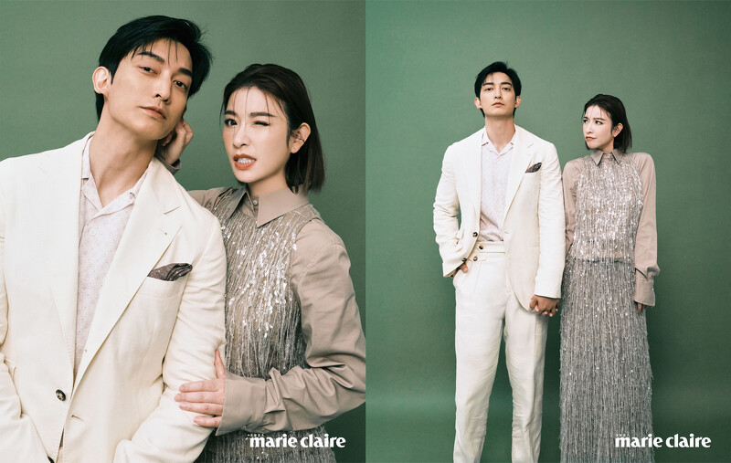 維恩:駝色亮片流蘇背心、駝色襯衫、駝色亮片流蘇長裙,all by Brunello Cucinelli。家梁:米色西裝外套、印花襯衫、米色西裝褲,all by Brunello Cucinelli。 維恩:駝色亮片流蘇背心、駝色襯衫、駝色亮片流蘇長裙,all by Brunello Cucinelli。家梁:米色西裝外套、印花襯衫、米色西裝褲,all by Brunello Cucinelli。