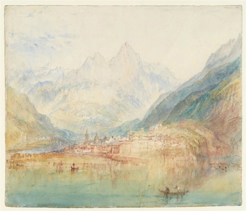 布魯嫩，從琉森湖的視角：樣本研究畫（Brunnen, from the Lake of Lucerne_ Sample Study），1843-5，約瑟夫．馬洛德．威廉．透納（Joseph Mallord William Turner）。（圖片來源：TATE）