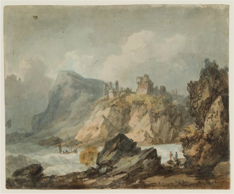懸崖上的城堡廢墟風景畫（Landscape Composition with a Ruined Castle on a Cliff），1792–3，約瑟夫．馬洛德．威廉．透納（Joseph Mallord William Turner）。（圖片來源：TATE）