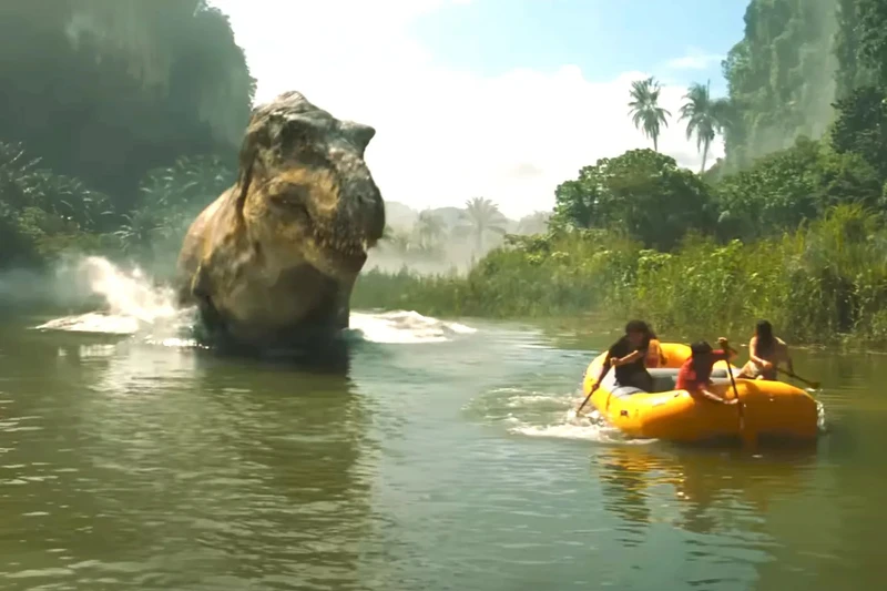 《侏羅紀世界：重生》中，角色在救生艇上被暴龍追擊的驚險畫面