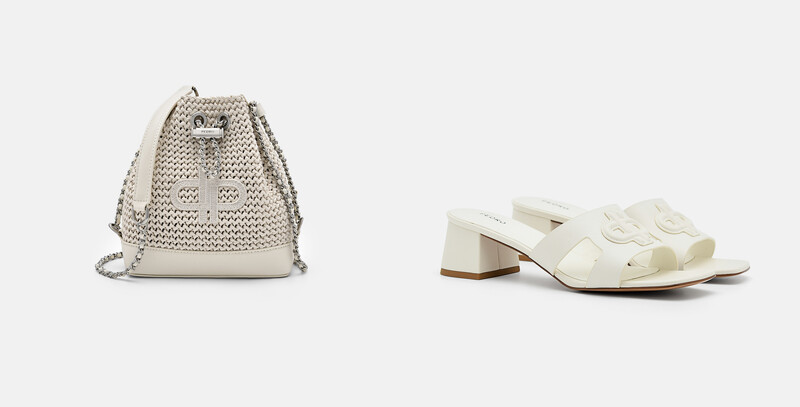 Icon拉菲草編織迷你水桶包,NT3,190; Icon 皮革高跟涼鞋,NT2,990。 Icon拉菲草編織迷你水桶包,NT3,190; Icon 皮革高跟涼鞋,NT2,990。