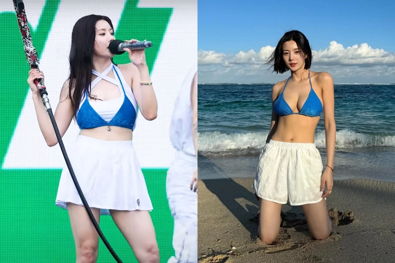 權恩妃2024年Waterbomb舞台造型，以Chrome Hearts藍色比基尼上衣搭配白色網球裙