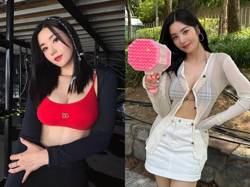 權恩妃2023年Waterbomb舞台造型，身穿D&G紅色比基尼和Burberry格紋比基尼