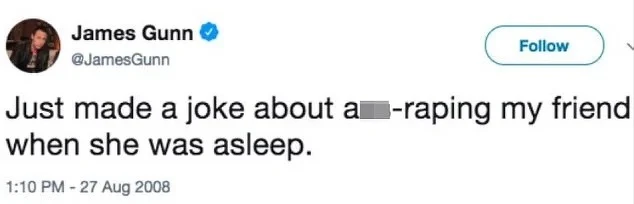 詹姆斯·岡恩被挖出早期開了許多不 OK 的玩笑。 詹姆斯·岡恩被挖出早期開了許多不 OK 的玩笑。