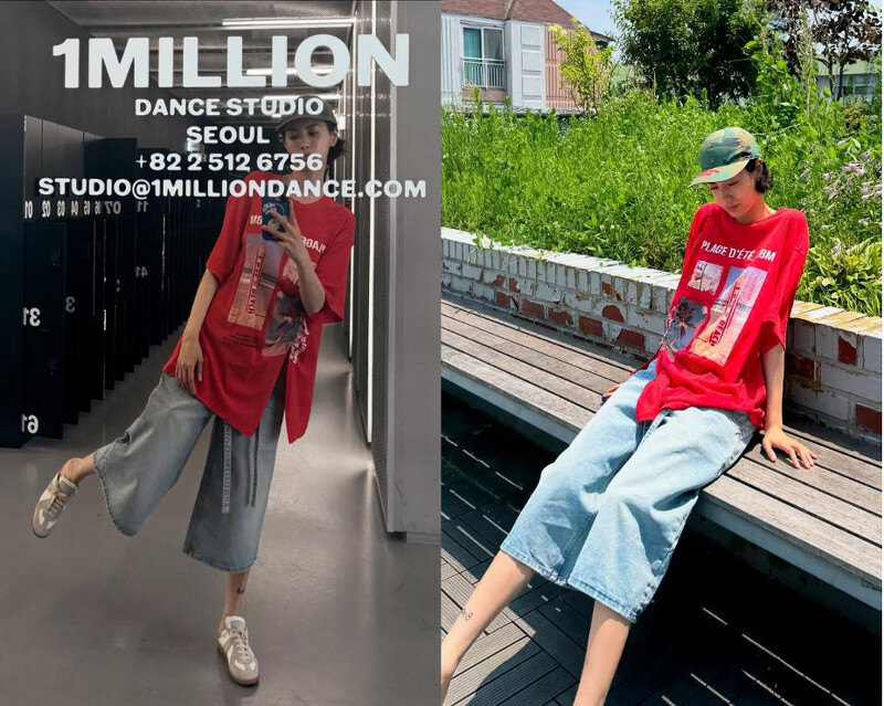 Nana的Jorts短褲穿搭：Oversized印花上衣搭配淺色牛仔五分褲