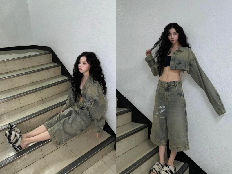 aespa成員Winter的Jorts短褲穿搭：同色系洗舊感牛仔套裝搭配短版背心