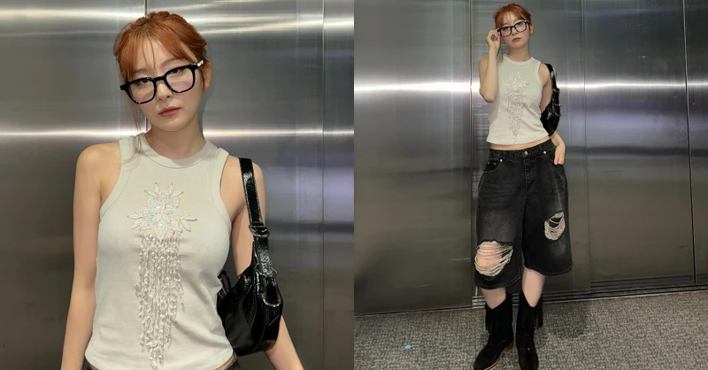 瑟琪的Jorts短褲穿搭：刺繡小背心搭配黑色破洞牛仔五分褲與短靴