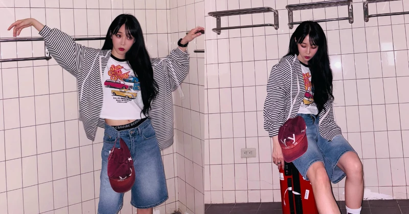 MAMAMOO成員玟星的美式復古風Jorts短褲穿搭，搭配圖案上衣與條紋外套