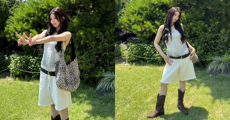 Billlie成員TSUKI的Jorts短褲穿搭：全白色系搭配牛仔靴的波西米亞風格
