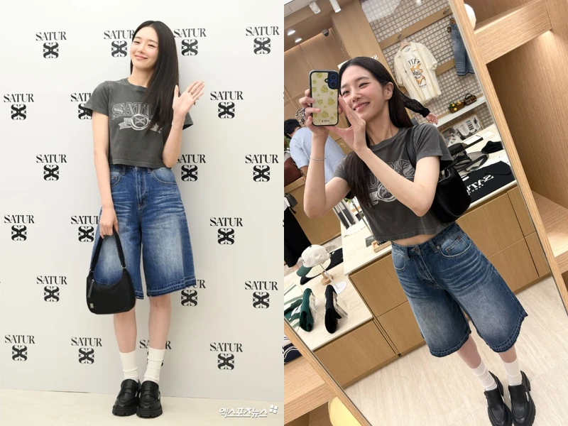 朴圭瑛的Jorts短褲穿搭：短版T恤搭配深色牛仔五分褲與樂福鞋