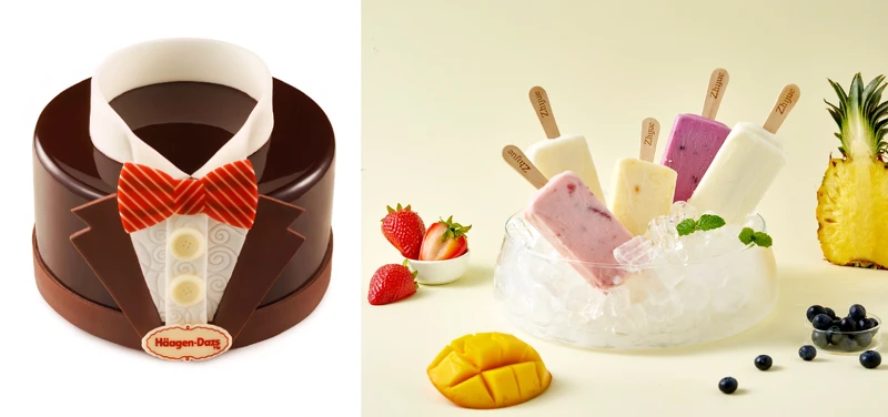 遠東百貨板橋中山Häagen-Dazs哈根達斯紳士之愛5吋冰淇淋蛋糕，建議售價2,080元。遠百板橋中山購買知覺優格冰雪糕家庭號1盒，加1元多1支。