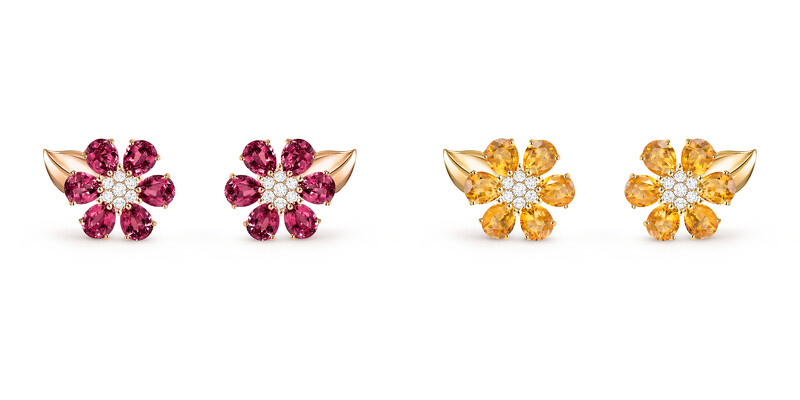 Fleurs d’Hawaï吊墜, 18K玫瑰金,鑲嵌玫瑰榴石及鑽石(小型款式)、 18K黃金,鑲嵌黃水晶及鑽石(小型款式)。  Fleurs d’Hawaï吊墜, 18K玫瑰金,鑲嵌玫瑰榴石及鑽石(小型款式)、 18K黃金,鑲嵌黃水晶及鑽石(小型款式)。