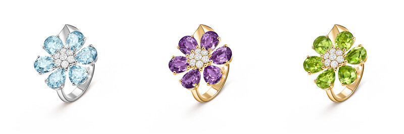 Fleurs d’Hawaï戒指, 18K白金,鑲嵌海藍寶石及鑽石(大型款式)、18K黃金,鑲嵌紫水晶及鑽石(大型款式)、18K黃金,鑲嵌橄欖石及鑽石(大型款式)。 Fleurs d’Hawaï戒指, 18K白金,鑲嵌海藍寶石及鑽石(大型款式)、18K黃金,鑲嵌紫水晶及鑽石(大型款式)、18K黃金,鑲嵌橄欖石及鑽石(大型款式)。