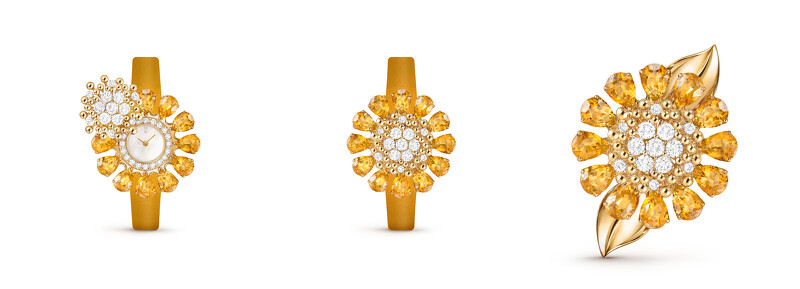 Fleurs d’Hawaï Secret腕錶,18K黃金,鑲嵌黃水晶、白色珍珠貝母及鑽石。 Fleurs d’Hawaï Secret腕錶,18K黃金,鑲嵌黃水晶、白色珍珠貝母及鑽石。