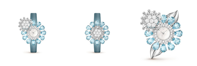 Fleurs d’Hawaï Secret腕錶,18K白金,鑲嵌海藍寶石、白色珍珠貝母及鑽石。 Fleurs d’Hawaï Secret腕錶,18K白金,鑲嵌海藍寶石、白色珍珠貝母及鑽石。