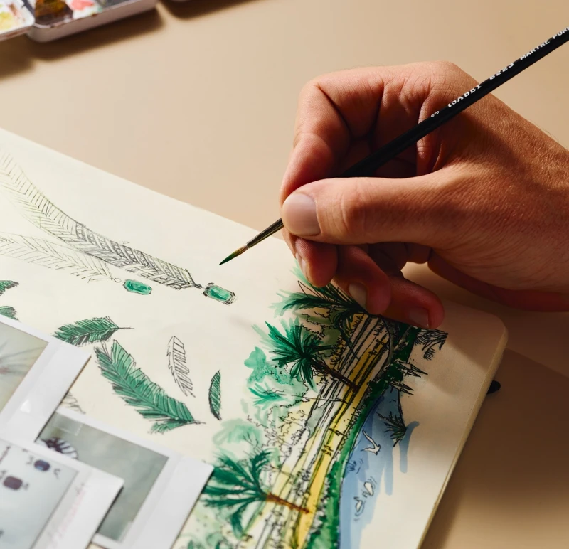 活動現場展示著品牌副總裁暨藝術總監Valérie Samuel親筆手繪的旅行創作筆記。