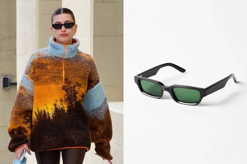 Hailey Bieber私服穿搭，配戴CHIMI的Sting系列窄框太陽眼鏡