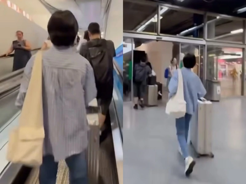 宋慧喬於機場的私服穿搭，肩背Àvie muah白色大型三角肩背包