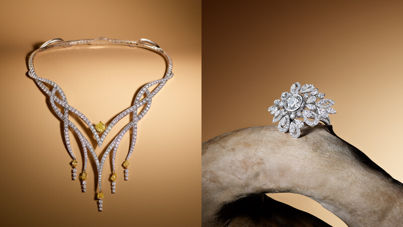 De Beers Essence of Nature 高級珠寶系列Interlace鑽石項鍊（左）、Jacaranda Bloom 鑽石雞尾酒戒指。