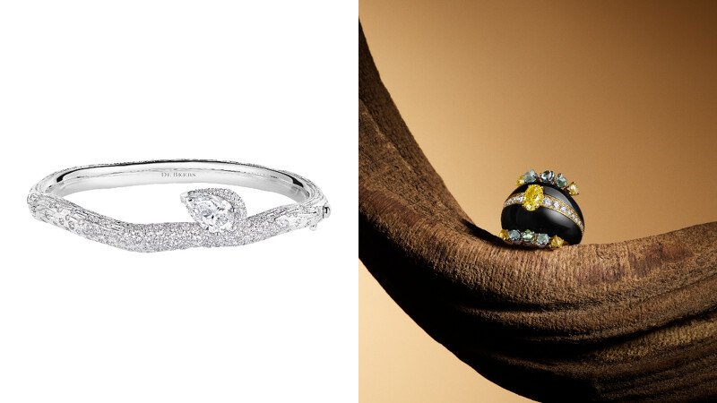 De Beers Essence of Nature高級珠寶系列Camelthorn Resilience鑽石手鐲採用手工雕紋的18K白金模仿樹皮的天然紋理（左）、Baobab Magnitude鑽石雞尾酒戒指以圓潤的黑玉搭配黃、褐、綠三色鑽石原石。