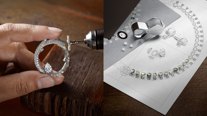 De Beers Essence of Nature高級珠寶系列Camelthorn Resilience 鑽石圈形耳環以手工精雕18K白金打造出仿若樹皮的紋理（左）、Embrace鑽石項鍊突顯綠色鑽石原石天然的不對稱輪廓。