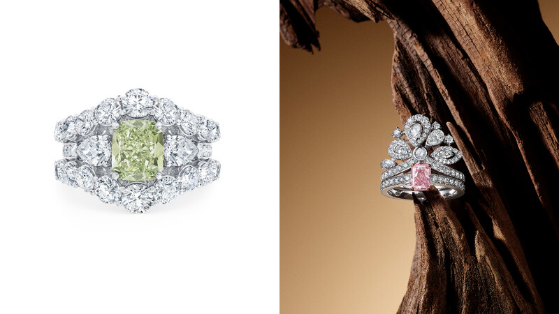 De Beers Essence of Nature 高級珠寶系列 Foundation 鑽石嵌套式戒指（左）、Jacaranda Bloom Masterpiece 鑽石皇冠式戒指。
