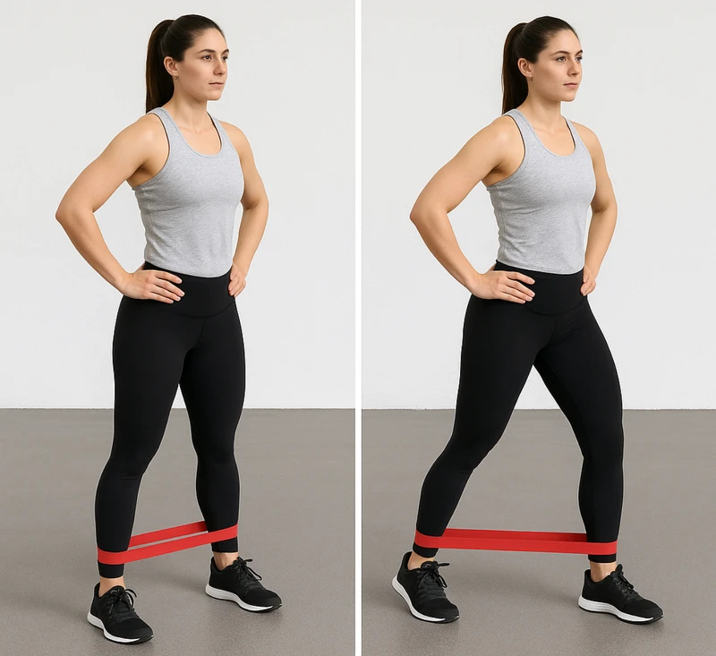 女性使用彈力帶進行臀部走路訓練的進階版動作