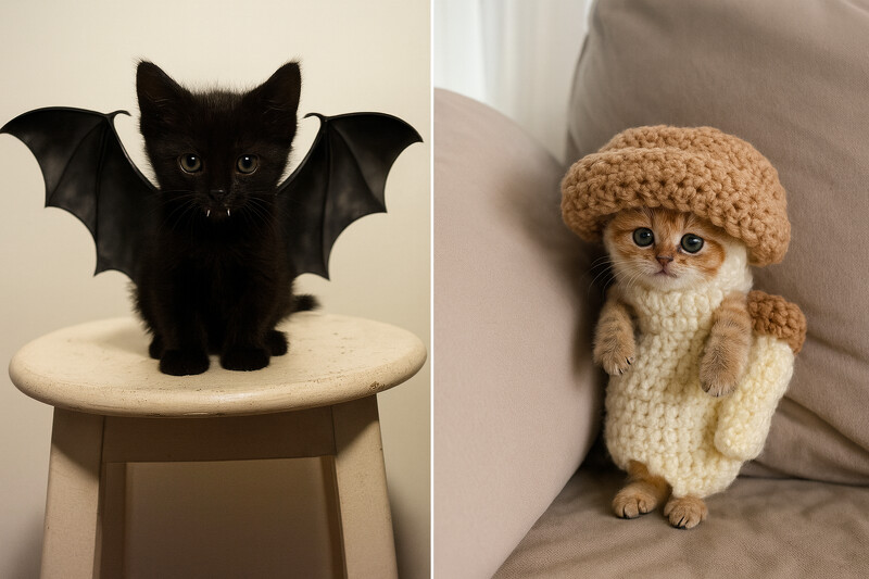 寵物萬聖節變裝:貓咪配戴蝙蝠翅膀和穿上香菇毛線衣的可愛模樣 寵物萬聖節變裝:貓咪配戴蝙蝠翅膀和穿上香菇毛線衣的可愛模樣