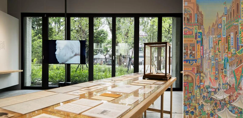 左圖：特展室，太平國小博物館提供，黃宏錡攝影｜右圖：郭雪湖《南街殷賑》（1930），以戲劇化手法描寫大稻埕迪化街霞海城隍廟口節慶熱鬧景象，圖片來自北美館