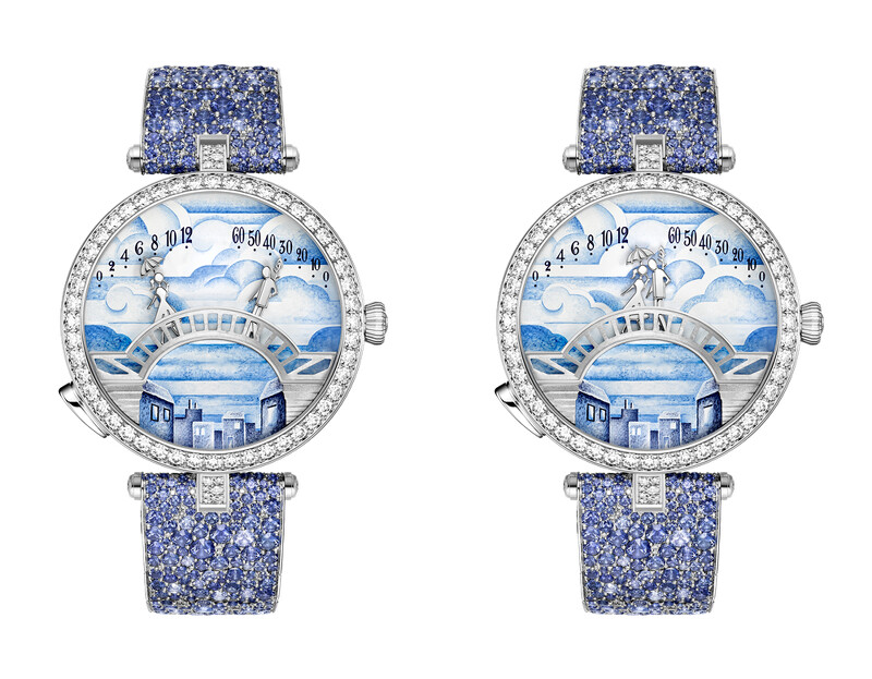 Lady Arpels Pont des Amoureux Matinée腕錶，白K金、鑽石、藍寶石、琺瑯、自動上鍊機械機芯，配備雙逆跳及自主動態功能。