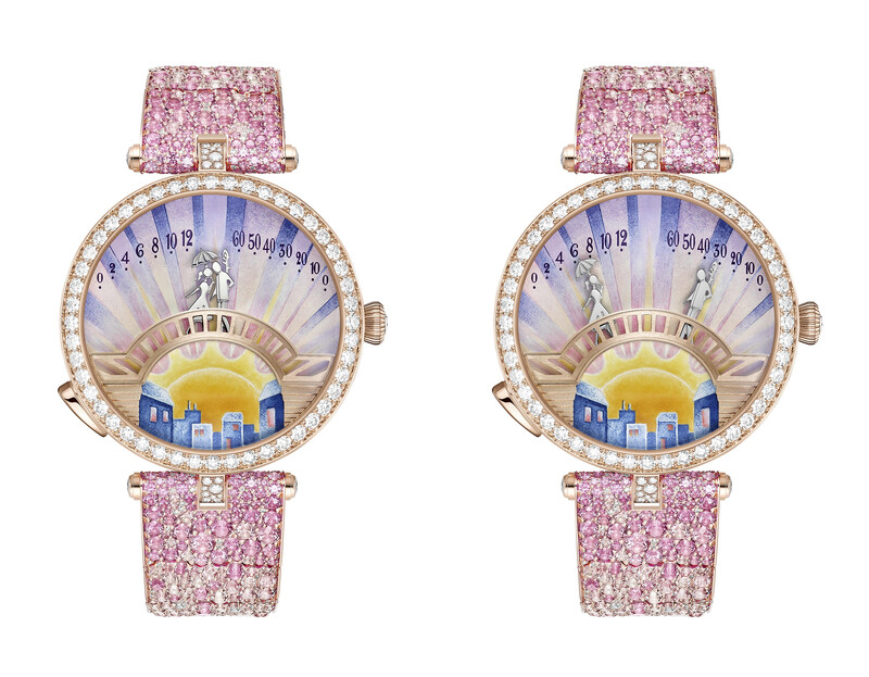 Lady Arpels Pont des Amoureux Aube腕錶，玫瑰金、鑽石、粉紅色藍寶石、琺瑯、自動上鍊機械機芯，配備雙逆跳及自主動態功能。