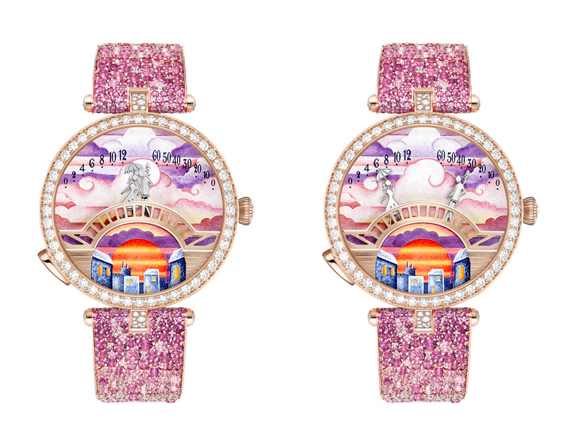 Lady Arpels Pont des Amoureux Soirée腕錶，玫瑰金、鑽石、粉紅色藍寶石、琺瑯、自動上鍊機械機芯，配備雙逆跳及自主動態功能。