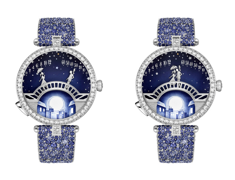 Lady Arpels Pont des Amoureux Clair de Lune腕錶，白K金、鑽石、藍寶石、琺瑯、自動上鍊機械機芯，配備雙逆跳及自主動態功能。