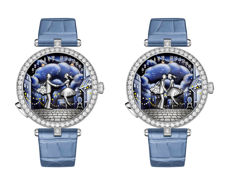 Lady Arpels Bal des Amoureux Automate腕錶，白K金、鑽石、藍寶石、琺瑯、自動上鍊機械機芯，配備雙逆跳、自動機械裝置及自主動態功能。