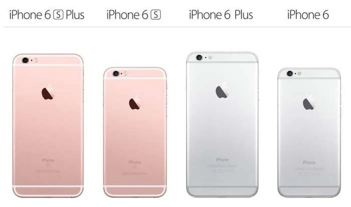 iPhone 6s 系列的四種機身顏色，包含全新的玫瑰金