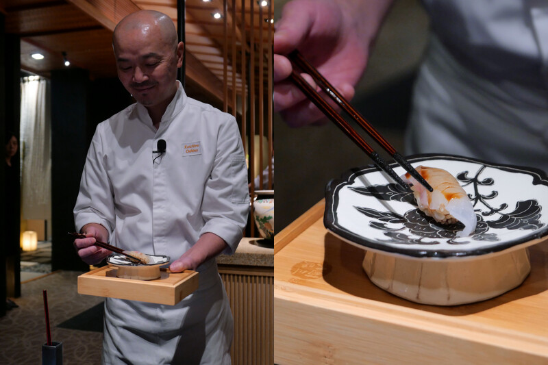 主廚會在桌邊傳授吃壽司的技巧。 主廚會在桌邊傳授吃壽司的技巧。
