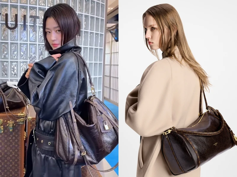 模特兒展示 Louis Vuitton Express 手袋的多種背法，適合通勤與週末出遊