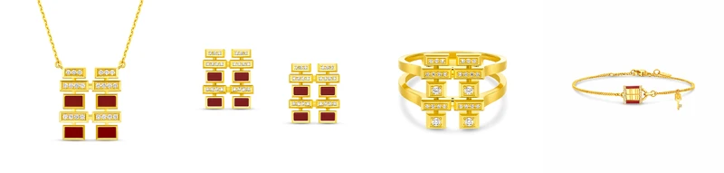 周大福傳喜系列18K黃金鑲天然鑽石項鍊NTD 41,300 起/18K黃金鑲天然鑽石耳環 NTD 41,300/ 18K黃金鑲天然鑽石戒指 NTD 44,100起 /黃金鑲天然鑽石手鍊NTD 66,700