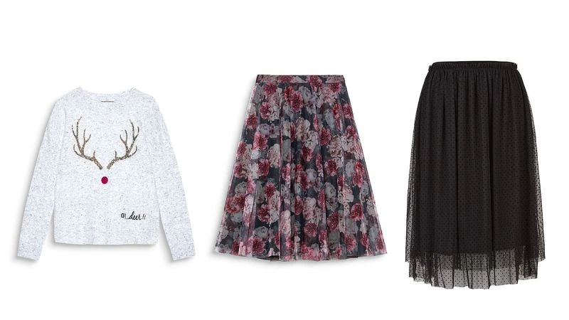 (左)聖誕風毛衣 NT2490 / (中)花朵紗裙 NT2990 / (右)圓點紗裙 NT1990