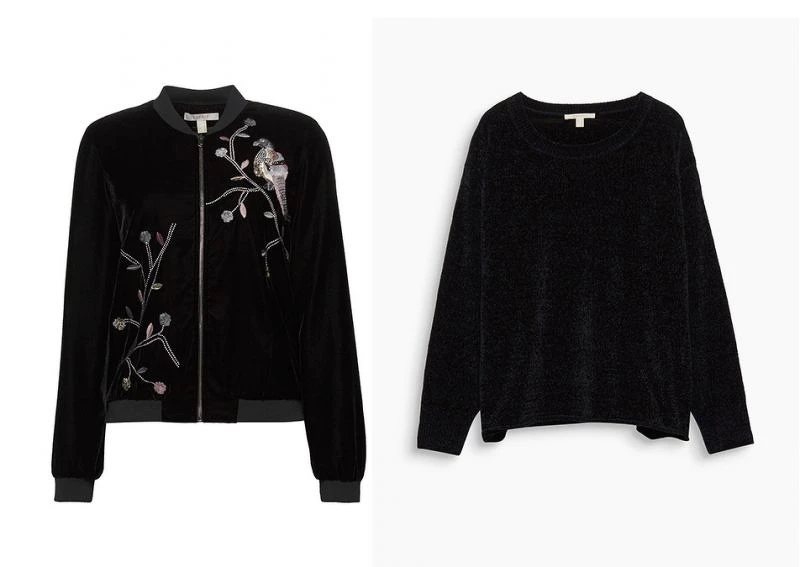 (左)鏽花天鵝絨外套 NT3990 / (右)天鵝絨寬版上衣 NT2490