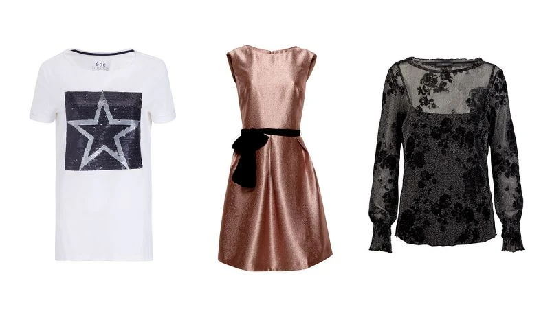 (左)亮片Tee NT1290 / (中)金屬光澤洋裝 NT3690 / (右)金蔥繡花上衣 NT1890