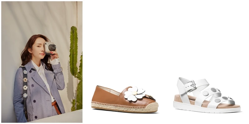 由左至右：楊冪優雅演繹Michael Kors 春日浪漫風尚、Michael Kors Kit 花飾草編鞋、Reggie 白色休閒涼鞋