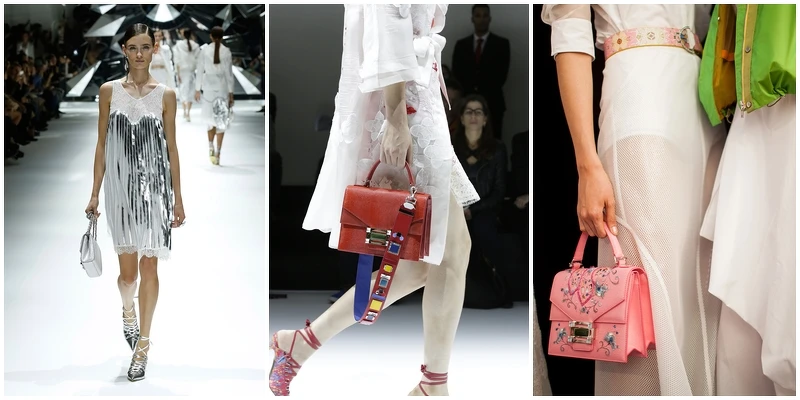 由左至右：SHIATZY CHEN 引光裁雲銀色百褶洋裝、玩味結構小箱包、刺繡小箱包