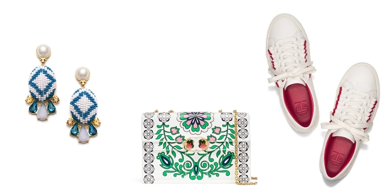 由左至右：Tory Burch春夏新品大耳環、GEMINI LINK花園圖案鍊條單肩包、荷葉邊小白鞋